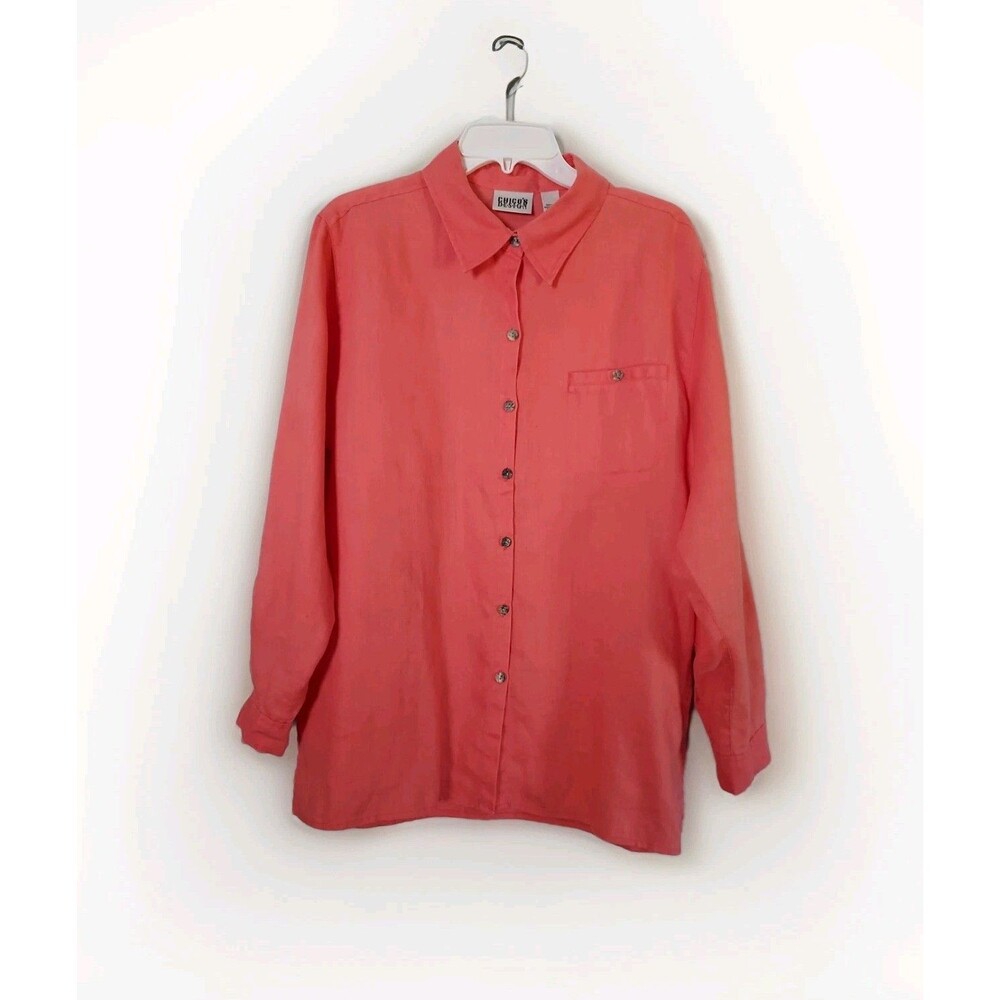 Chico's Design 100% Linen Coral Casual Long Sleeve Shirt Blouse Size 2 Large
